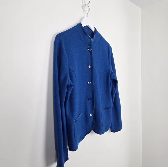 Vintage Talbots 100% Merino Wool Blue Button-Up Velvet Trim Jacket Size M - Picture 2 of 9